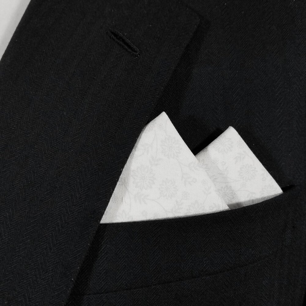 New - White & Silver Floral Cotton Pre-Folded Pocket Square Handkerchief Insert